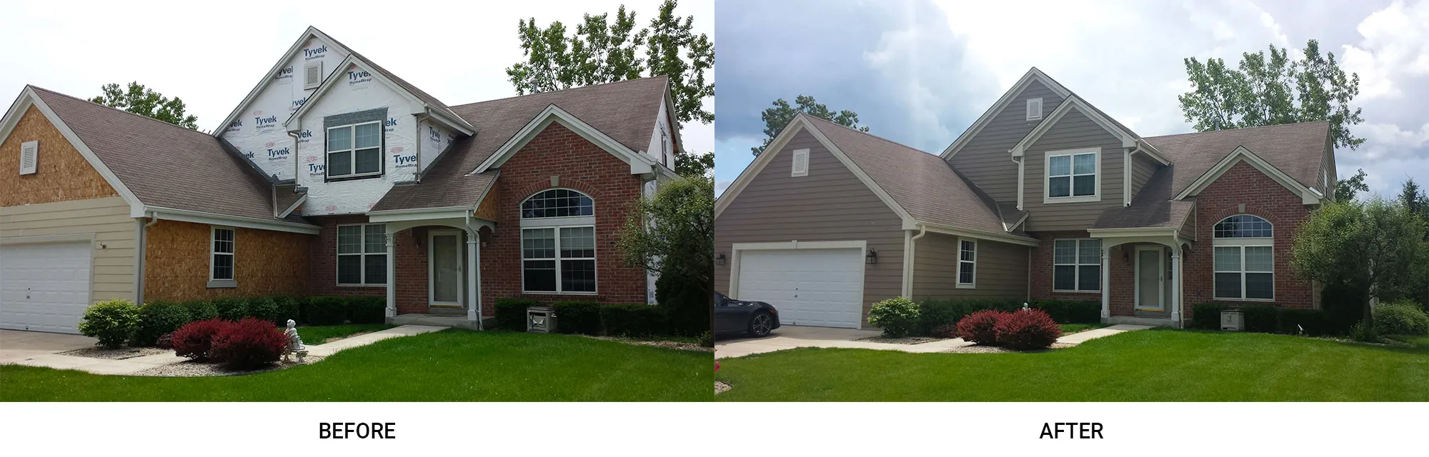 Before and After of new siding from Dick's Roof Repair Service on two story home