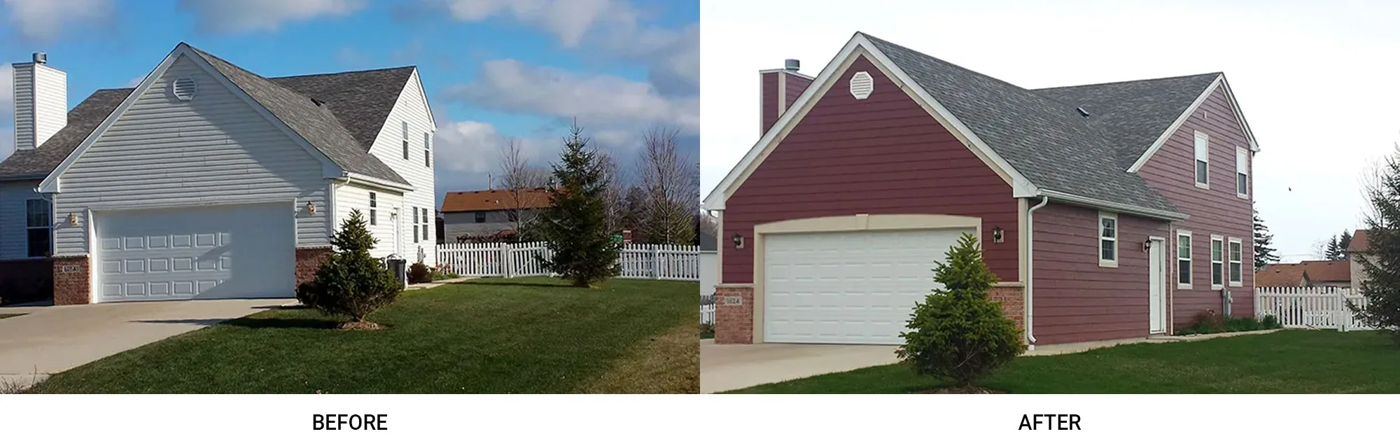 Before and After of new siding from Dick's Roof Repair Service on two story home