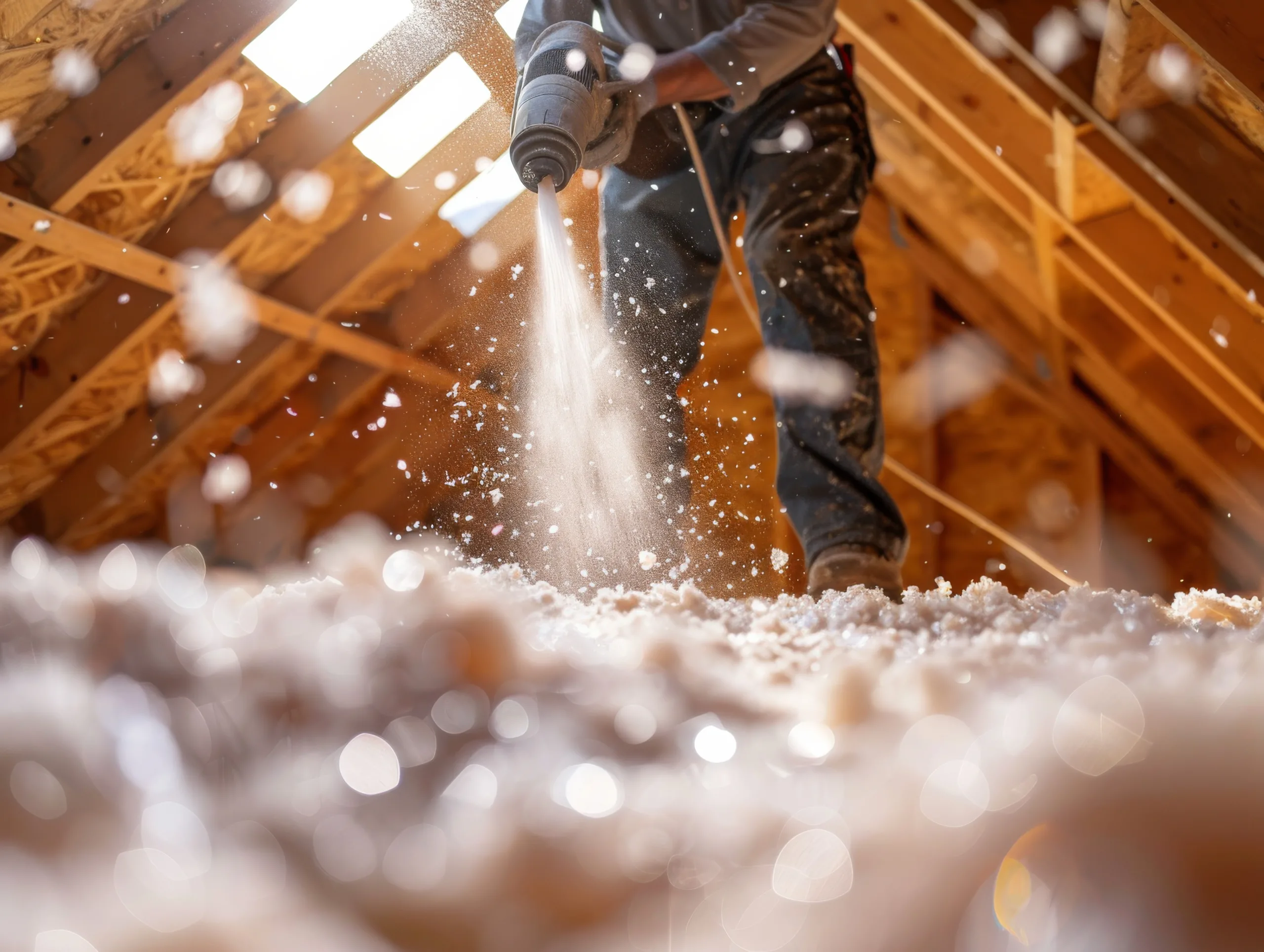 Construction Worker Blowing Insulation Into Attic, Close Up. Construction Worker Blowing Insulation Into Attic, Close Up.